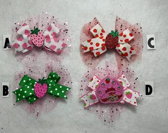 Strawberry Pink,Strawberry Hot Pink,Strawberry Red,Strawberry Girl Hairbows-4” single Layer-Sequin glitter tulle-Alligator clip