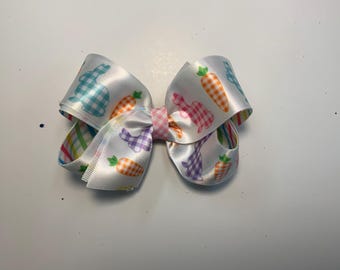 Easter Bunny Boutique Hairbow-Approximately 5” long 3” wide using 1 1/2”  Satin top layer and check grosgrain bottom layer