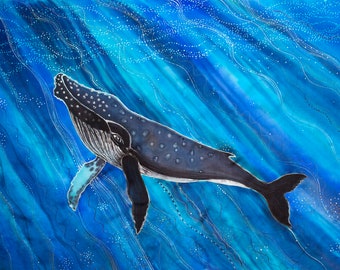 Blue Whale •painting original • Batik on silk • Whale original art • animal painting •wall art •ocean decor • silk fabric original silk art
