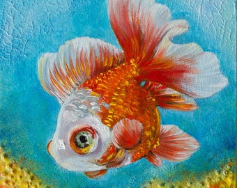 Goldfish Oil Painting: Original Animal Art, 15x15 cm