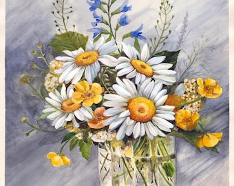 Chamomile Watercolor Painting: Original Floral Still Life Artwork