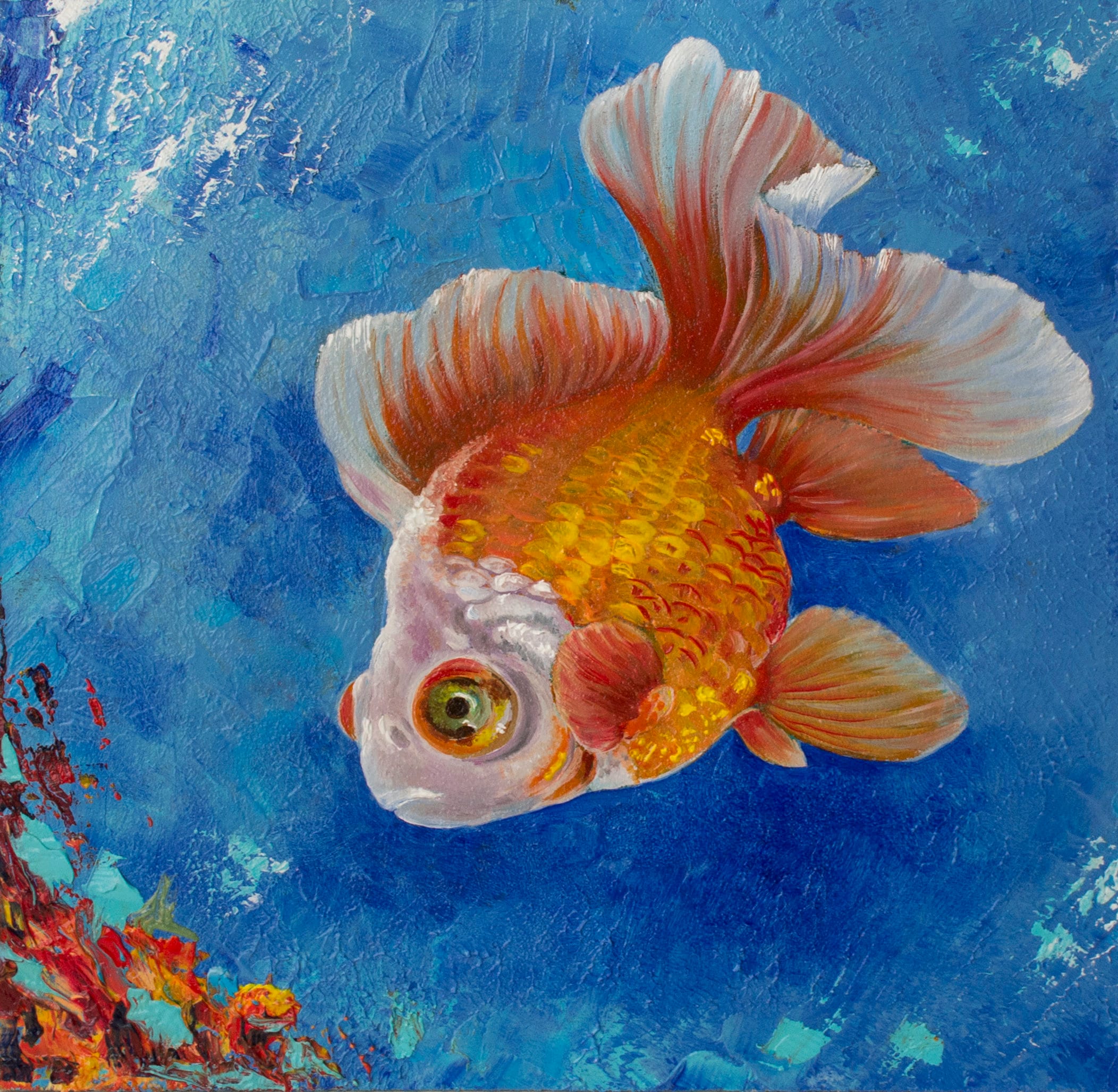 Goldfish Oil Painting: Original Animal Art, 10x10"