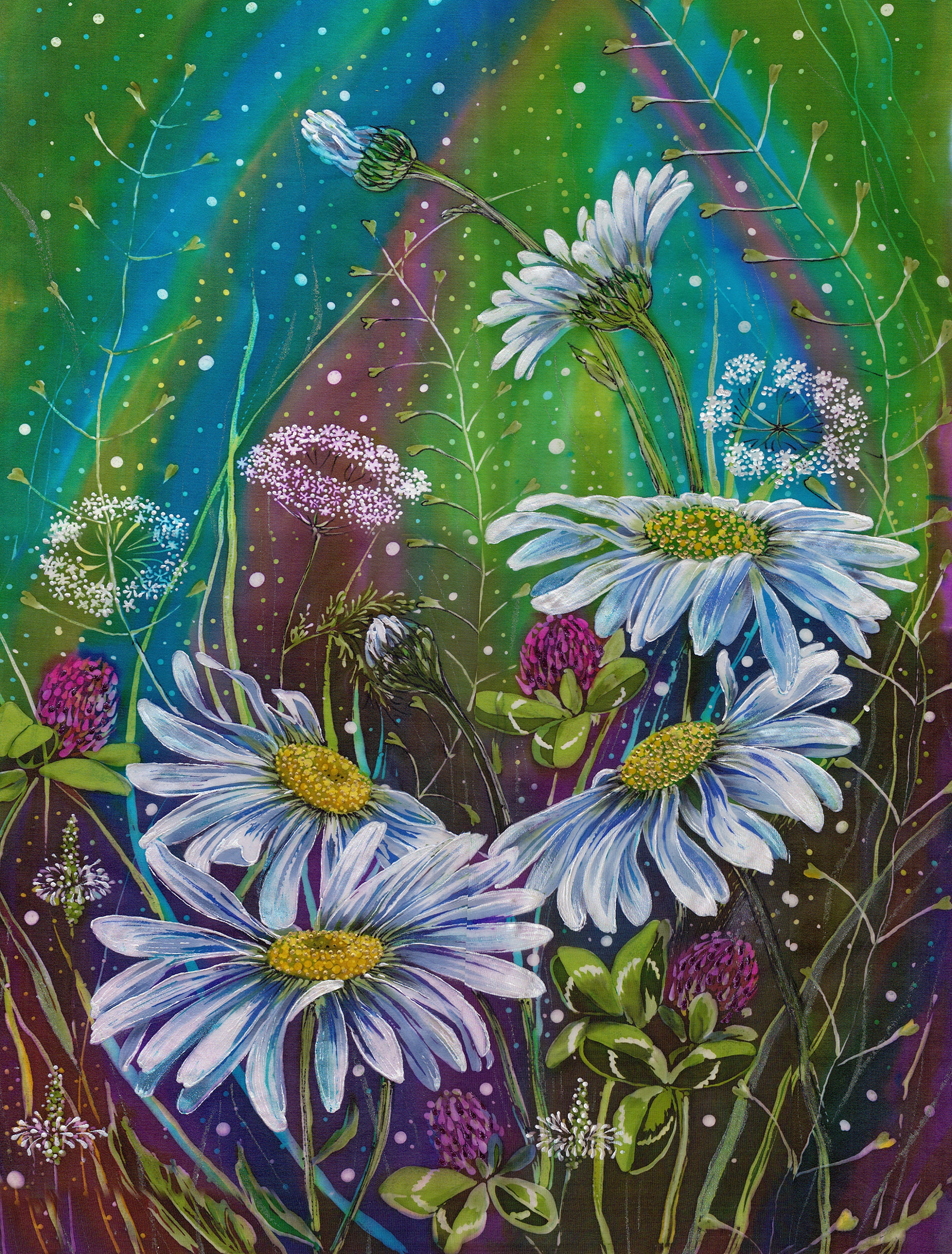 Chamomile Floral Still Life: Handmade Silk Art, 52x38 cm
