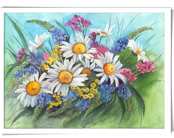 Kamille: Original Aquarell Blumenkunst • Wohndekor • 36x26 cm