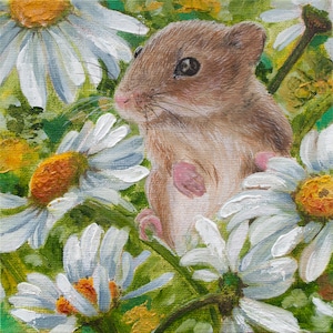 Mouse in daisies • Oil painting • Artwork original • 15x15 cm