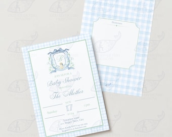 Blue Gingham Baby Shower Invitation | Puppy Crest Design | Editable Template | Digital Download