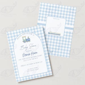 Blue Gingham Train Baby Shower Invitation | Editable Canva Template | Digital Download