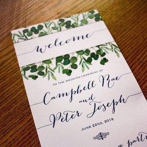 Modelo de programa de casamento verde, programa de casamento para impressão, programa de casamento de eucalipto