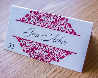 Custom Color Damask Name Cards - Place Cards Personalized with Name, Food Choice, Table Number