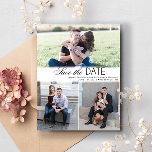 Bewaar de datum gepersonaliseerde kaart met foto's, Save-the-Date, bruiloft, feest, verloving, grijs, leisteen, rand, klassiek, eenvoudig, basisuitnodiging