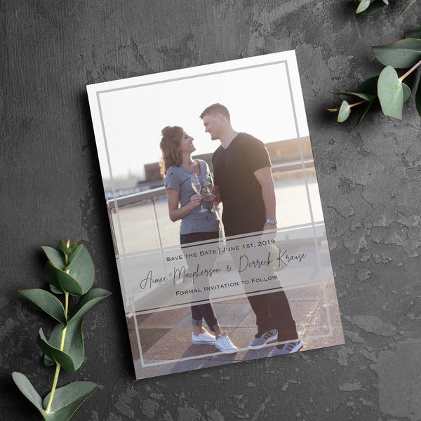 Save the Date Personalized Card with Photos, Save-the-Date, Wedding, Party, Engagement, Grey, Slate, Border, Classic, Simple, Basic Invite