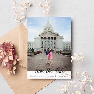 Bewaar de datum gepersonaliseerde kaart met foto's, Save-the-Date, bruiloft, feest, verloving, grijs, leisteen, rand, klassiek, eenvoudig, basisuitnodiging