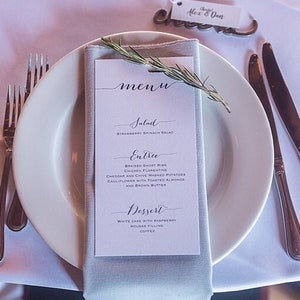 Menú Cena boda, Carta carta, Menú mesa, Fiesta, Recepción, Sencillo, Romántico, Elegante, Caligrafía, Negro
