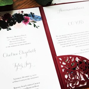 Custom Laser Pocketfold Wedding Invitation, Invite, Maroon, Floral, Lasercut Pocket Fold image 2