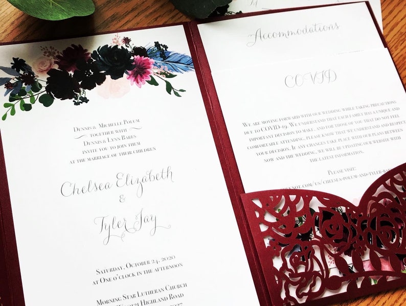 Custom Laser Pocketfold Wedding Invitation, Invite, Maroon, Floral, Lasercut Pocket Fold image 2