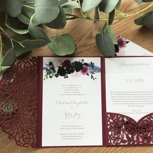 Custom Laser Pocketfold Wedding Invitation, Invite, Maroon, Floral, Lasercut Pocket Fold image 3