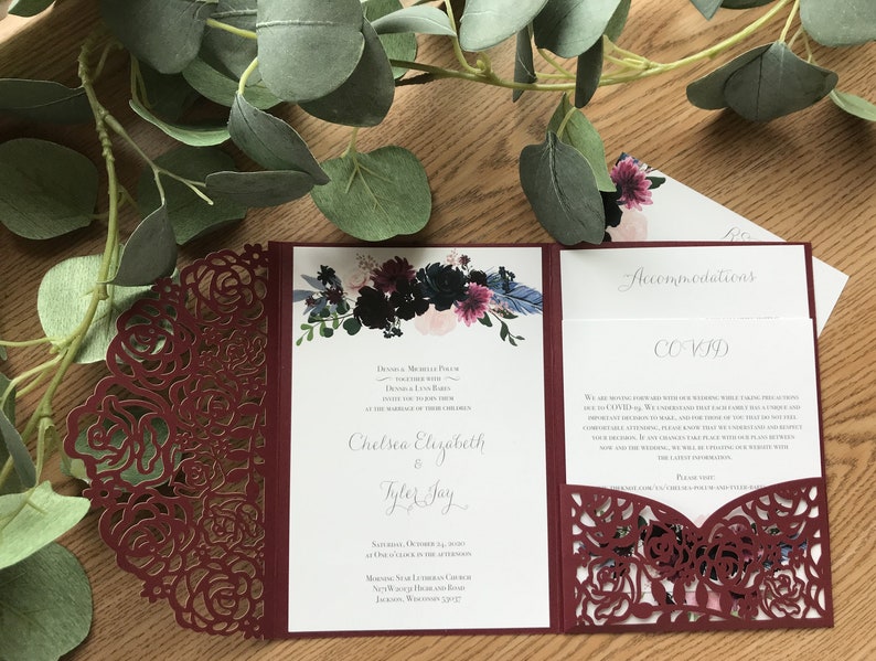 Custom Laser Pocketfold Wedding Invitation, Invite, Maroon, Floral, Lasercut Pocket Fold image 3