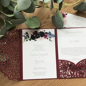 Custom Laser Pocketfold Wedding Invitation, Invite, Maroon, Floral, Lasercut Pocket Fold image 6