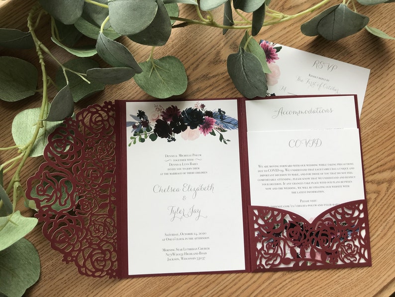 Custom Laser Pocketfold Wedding Invitation, Invite, Maroon, Floral, Lasercut Pocket Fold image 6