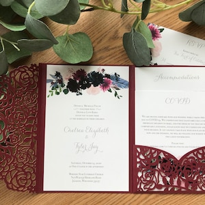 Custom Laser Pocketfold Wedding Invitation, Invite, Maroon, Floral, Lasercut Pocket Fold image 7