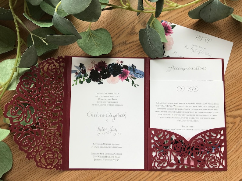 Custom Laser Pocketfold Wedding Invitation, Invite, Maroon, Floral, Lasercut Pocket Fold image 7