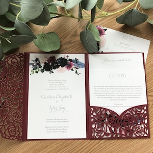 Custom Laser Pocketfold Wedding Invitation, Invite, Maroon, Floral, Lasercut Pocket Fold image 4