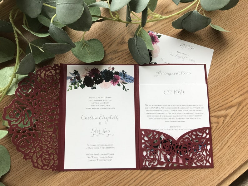 Custom Laser Pocketfold Wedding Invitation, Invite, Maroon, Floral, Lasercut Pocket Fold image 4