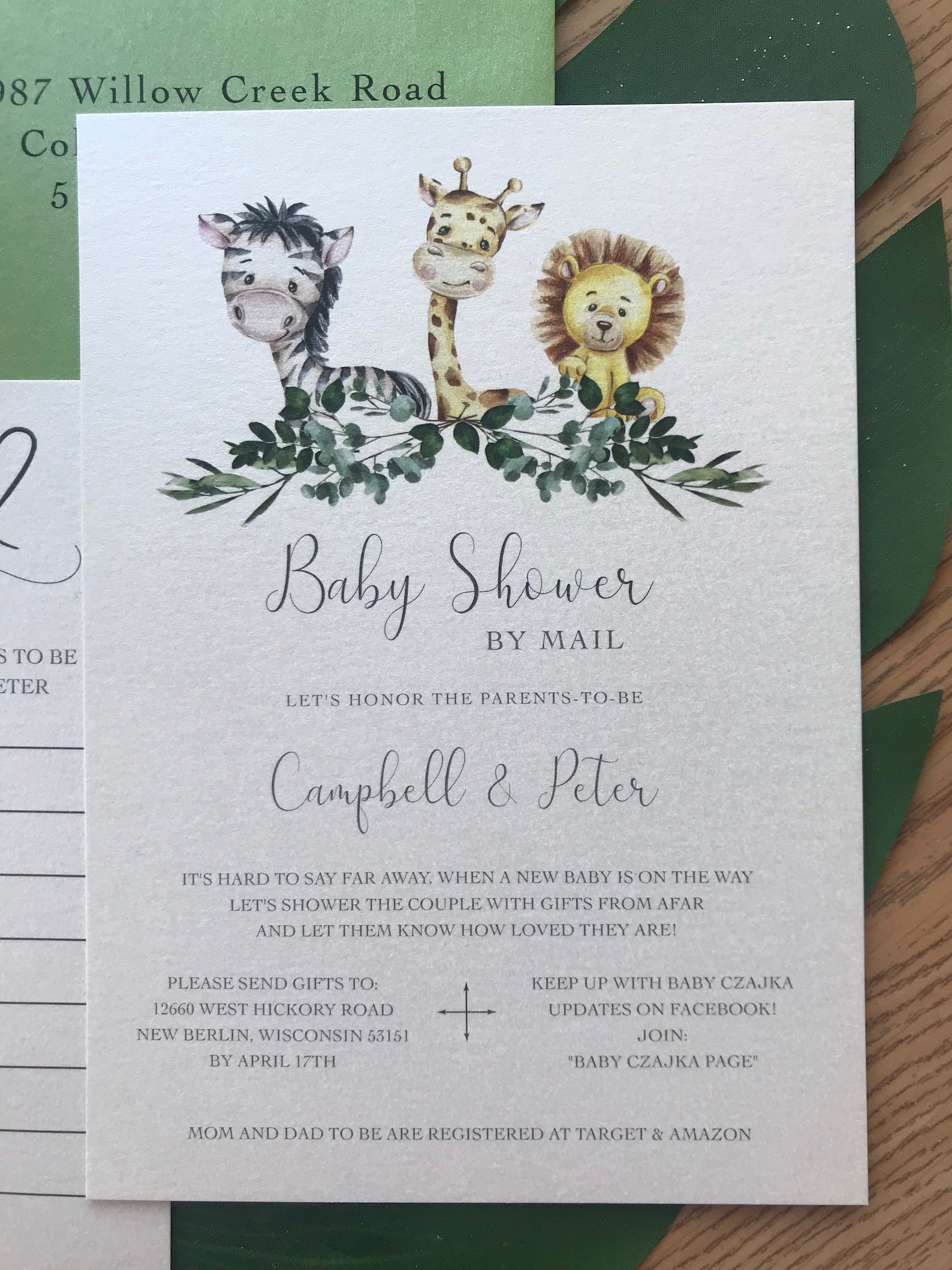 Jungle Animal Baby Shower Mail in Invitation, Safari, Mail in Baby