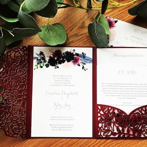 Custom Laser Pocketfold Wedding Invitation, Invite, Maroon, Floral, Lasercut Pocket Fold image 1