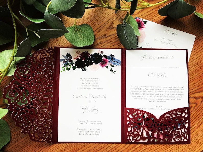 Custom Laser Pocketfold Wedding Invitation, Invite, Maroon, Floral, Lasercut Pocket Fold image 1