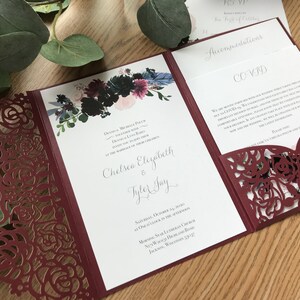 Custom Laser Pocketfold Wedding Invitation, Invite, Maroon, Floral, Lasercut Pocket Fold image 5