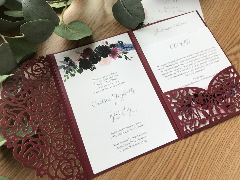 Custom Laser Pocketfold Wedding Invitation, Invite, Maroon, Floral, Lasercut Pocket Fold image 5