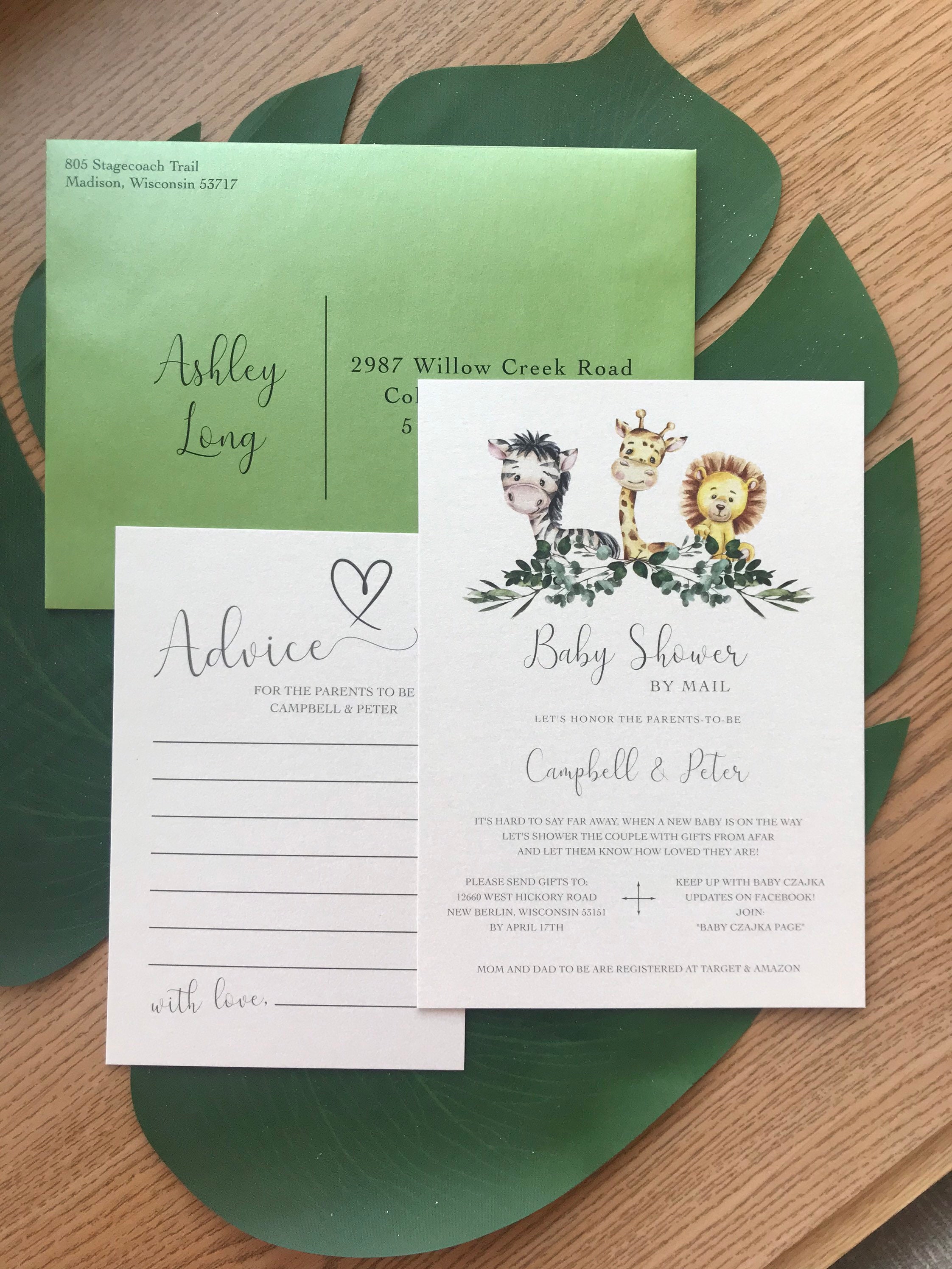 Jungle Animal Baby Shower Mail in Invitation, Safari, Mail in Baby
