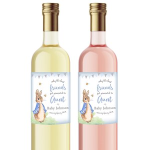 Pregnancy Announcement - Baby Announcement Wine Bottle Label - Custom Wine Label - Peter Rabbit Baby Shower Favor - Friends promoted to Aunt