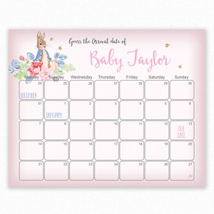 Indovina la data di scadenza - Peter Rabbit Baby Shower Games, previsione del compleanno del bambino, gioco stampabile del calendario della data di scadenza del baby shower - Peter Rabbit