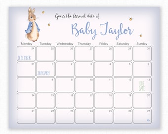 Guess The Due Date - Peter Rabbit Baby Shower Games, Baby Birthday Prediction, Printable Baby Shower Due Date Calendar Game - Peter Rabbit