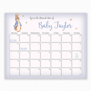 Indovina la data di scadenza - Peter Rabbit Baby Shower Games, Baby Birthday Prediction, Printable Baby Shower Scadenza Calendario Gioco - Peter Rabbit