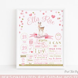 First Birthday Poster - Pink and Gold Confetti - Floral First Birthday Milestone Sign - 1st Birthday Chalkboard Sign - 1st Birthday Poster