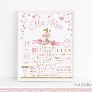 Cartel del primer cumpleaños - confeti rosa y dorado - signo floral del hito del primer cumpleaños - signo de pizarra del 1er cumpleaños - cartel del 1er cumpleaños