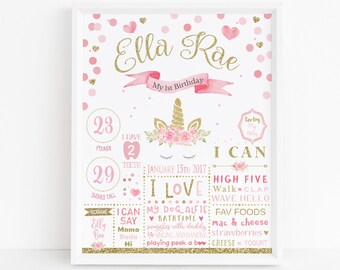 First Birthday Poster - Unicorn Birthday Poster - Floral First Birthday Milestone Sign - 1st Birthday Chalkboard Sign - 1st Birthday Poster