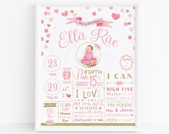 First Birthday Poster - Photo - Pink and Gold Confetti - First Birthday Milestone Sign - 1st Birthday Chalkboard Sign - 1st Birthday Poster