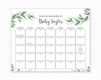 Guess The Due Date - Botanical Baby Shower Games - Baby Shower Birthday Prediction, Printable Baby Shower Due Date Calendar Game - Greenery