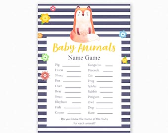 Baby Shower Games - Baby Animals Name Game - Woodland Baby Shower - Woodland Shower Game - Baby Animals Shower Game - Blue Fox
