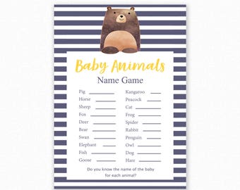 Baby Shower Games - Baby Animals Name Game - Woodland Baby Shower - Woodland Shower Game - Baby Animals Shower Game - Blue Bear