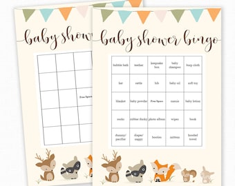 May include: A printable baby shower bingo card with a woodland animal theme. The card has a grid with squares containing baby-related items like a rattle, bib, and baby lotion. The card is decorated with cute illustrations of a deer, raccoon, fox, squirrel, and bunny.