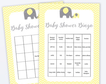 Baby Shower Bingo Cards - Juegos de Baby Shower - Elephant Baby Shower - Bingo Shower Game - Yellow Elephant