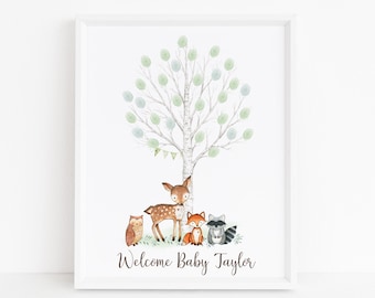 Baby Shower Fingerprint Guest Book - Woodland Baby Shower - Personalized Alternative Guest Book - Fingerprint Tree - Woodland