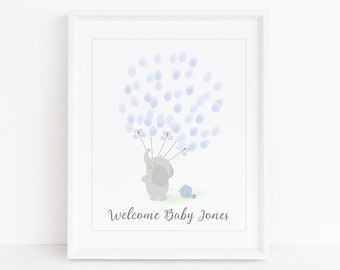 Baby Shower Fingerprint Guest Book - Blue Elephant Baby Shower - Personalized Alternative Guest Book - Fingerprint Tree - Elephant and Bird