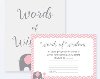 Baby Shower Games - Baby Words Of Wisdom - Baby Advice Cards - Pink Elephant Shower Games - Elephant Advice Cards - Pink Elephant