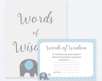 Baby Shower Games - Baby Words Of Wisdom - Baby Advice Cards - Blue Elephant Shower Games - Elephant Advice Cards - Blue Elephant